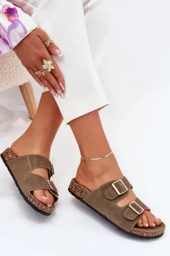 Outlet Boto Klapki Damskie Ze Złotymi Klamrami I Przeszyciami Ciemnozielone Lunera