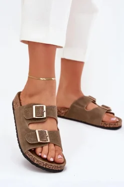 Outlet Boto Klapki Damskie Ze Złotymi Klamrami I Przeszyciami Ciemnozielone Lunera