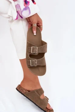 Outlet Boto Klapki Damskie Ze Złotymi Klamrami I Przeszyciami Ciemnozielone Lunera