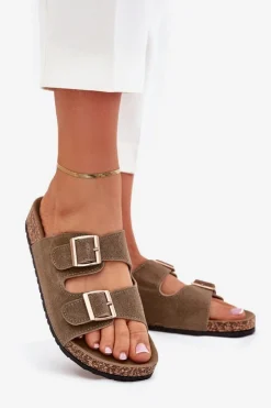 Outlet Boto Klapki Damskie Ze Złotymi Klamrami I Przeszyciami Ciemnozielone Lunera