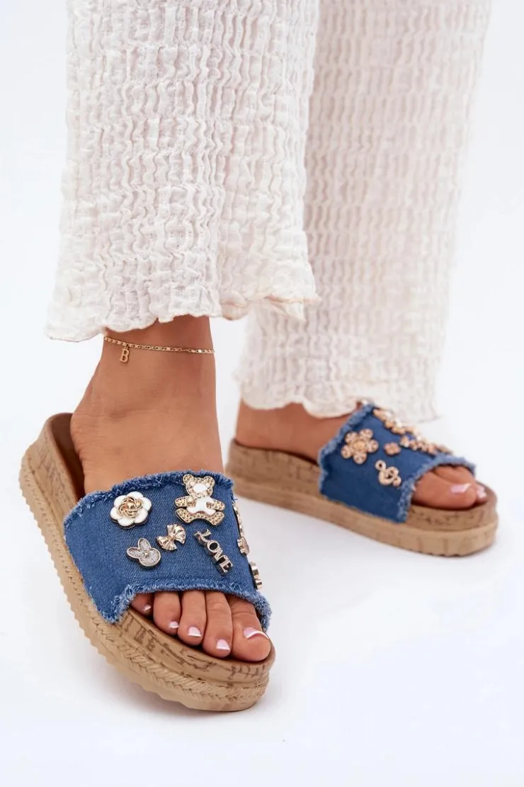 Damskie Boto Klapki Damskie Ze Złotymi Przypinkami Na Platformie Granatowe Rigasta