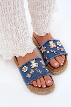 Damskie Boto Klapki Damskie Ze Złotymi Przypinkami Na Platformie Granatowe Rigasta