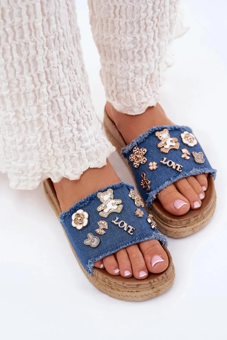 Damskie Boto Klapki Damskie Ze Złotymi Przypinkami Na Platformie Granatowe Rigasta