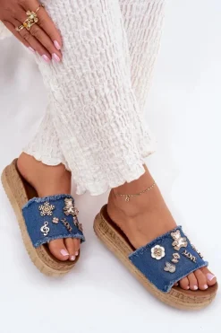 Damskie Boto Klapki Damskie Ze Złotymi Przypinkami Na Platformie Granatowe Rigasta