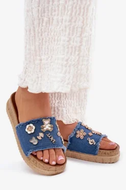 Damskie Boto Klapki Damskie Ze Złotymi Przypinkami Na Platformie Granatowe Rigasta