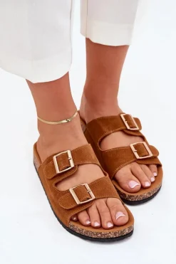 Boto Klapki Korkowe|Klapki Damskie Klasyczne*Klapki Damskie Ze Złotymi Klamrami I Przeszyciami Camel Lunera Brązowy