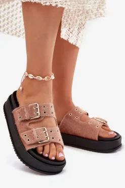 Best Boto Klapki Damskie Ze Złotymi Klamrami Na Platformie Beżowe Virvania Beżowy