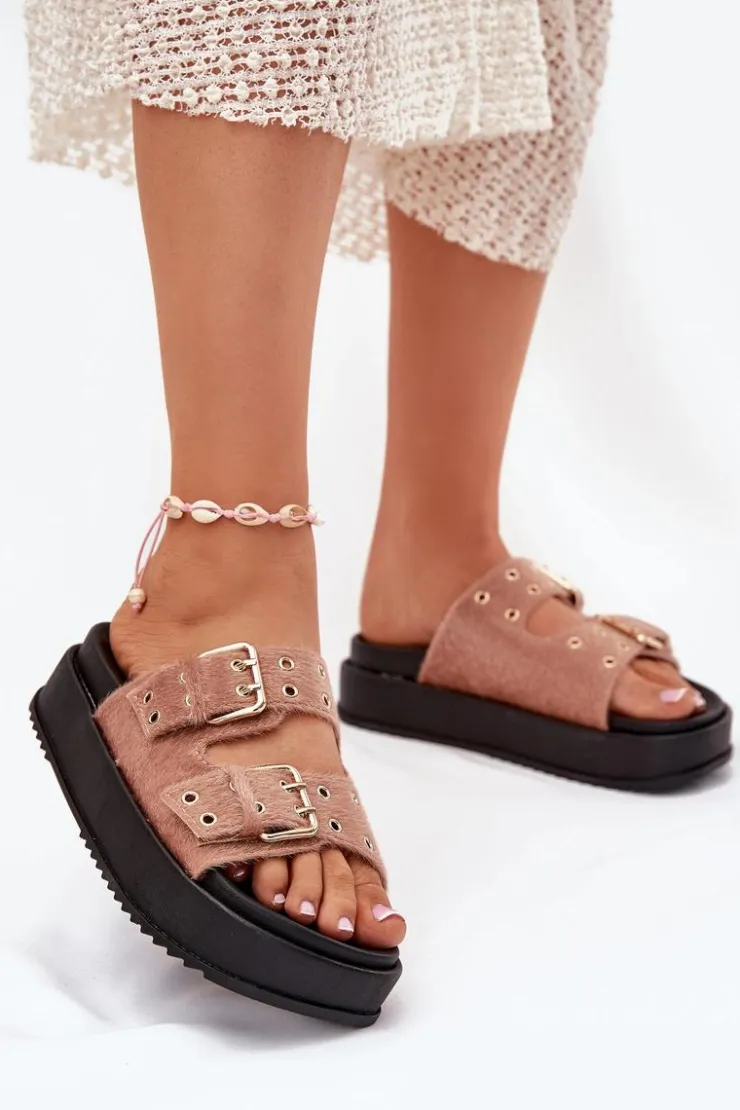 Best Boto Klapki Damskie Ze Złotymi Klamrami Na Platformie Beżowe Virvania Beżowy