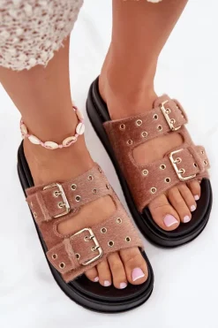 Best Boto Klapki Damskie Ze Złotymi Klamrami Na Platformie Beżowe Virvania Beżowy