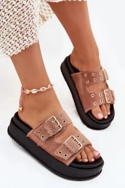 Best Boto Klapki Damskie Ze Złotymi Klamrami Na Platformie Beżowe Virvania Beżowy