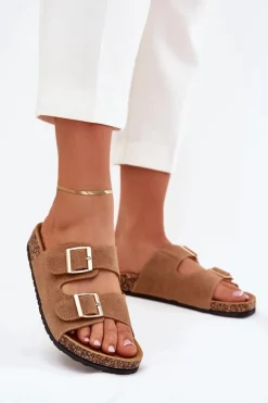 Boto Klapki Korkowe|Klapki Damskie Klasyczne*Klapki Damskie Ze Złotymi Klamrami I Przeszyciami Jasnobrązowe Lunera