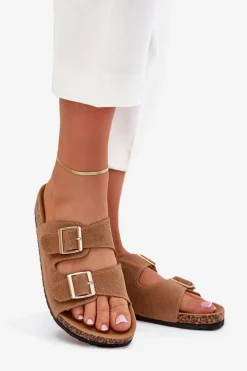 Boto Klapki Korkowe|Klapki Damskie Klasyczne*Klapki Damskie Ze Złotymi Klamrami I Przeszyciami Jasnobrązowe Lunera