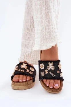 Boto Klapki Na Platformie|Klapki Damskie Klasyczne*Klapki Damskie Ze Złotymi Przypinkami Na Platformie Czarne Rigasta Czarny