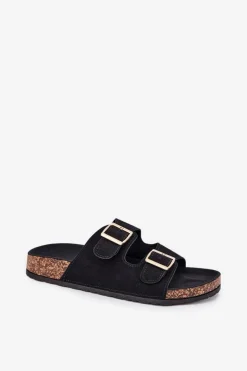 Damskie Boto Klapki Damskie Ze Złotymi Klamrami I Przeszyciami Czarne Lunera