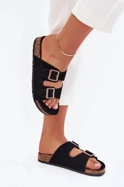 Damskie Boto Klapki Damskie Ze Złotymi Klamrami I Przeszyciami Czarne Lunera