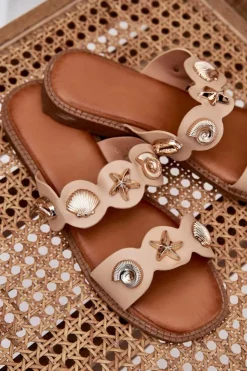 Boto Klapki Damskie Klasyczne*Klapki Damskie Ze Złotymi Przypinkami Beżowe Jenoriela Beżowy