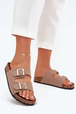 Online Boto Klapki Damskie Ze Złotymi Klamrami I Przeszyciami Khaki Lunera Beżowy