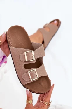 Online Boto Klapki Damskie Ze Złotymi Klamrami I Przeszyciami Khaki Lunera Beżowy