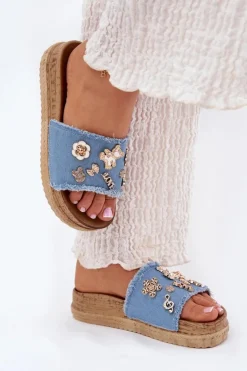 Boto Klapki Na Platformie|Klapki Damskie Klasyczne*Klapki Damskie Ze Złotymi Przypinkami Na Platformie Niebieskie Rigasta