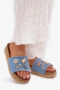 Boto Klapki Na Platformie|Klapki Damskie Klasyczne*Klapki Damskie Ze Złotymi Przypinkami Na Platformie Niebieskie Rigasta