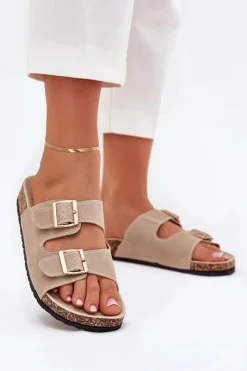 Damskie Boto Klapki Damskie Ze Złotymi Klamrami I Przeszyciami Beżowe Lunera