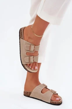 Damskie Boto Klapki Damskie Ze Złotymi Klamrami I Przeszyciami Beżowe Lunera