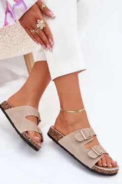 Damskie Boto Klapki Damskie Ze Złotymi Klamrami I Przeszyciami Beżowe Lunera