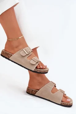 Damskie Boto Klapki Damskie Ze Złotymi Klamrami I Przeszyciami Beżowe Lunera