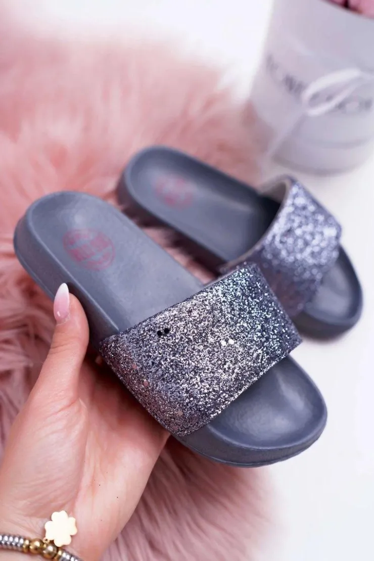 Sale Big Star Shoes Klapki Dziecięce Młodzieżowe Big Star Szare Brokatowe AA374087