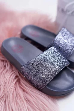 Sale Big Star Shoes Klapki Dziecięce Młodzieżowe Big Star Szare Brokatowe AA374087