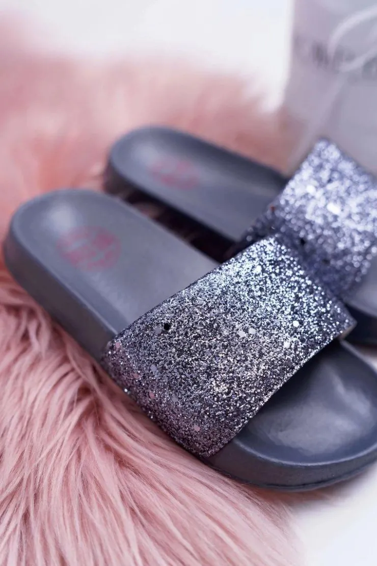 Sale Big Star Shoes Klapki Dziecięce Młodzieżowe Big Star Szare Brokatowe AA374087