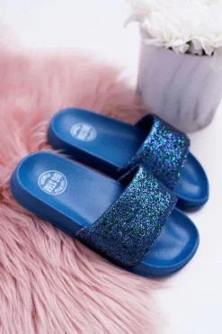 Damskie Big Star Shoes Klapki Dziecięce Młodzieżowe Big Star Granatowe Brokatowe AA374089