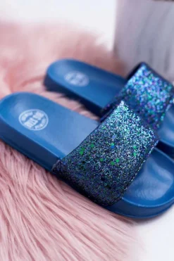 Damskie Big Star Shoes Klapki Dziecięce Młodzieżowe Big Star Granatowe Brokatowe AA374089