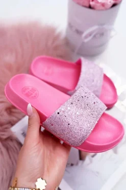 Big Star Shoes Dziewczęce|Klapki Damskie Klasyczne*Klapki Dziecięce Młodzieżowe Big Star Różowe Brokatowe AA374088