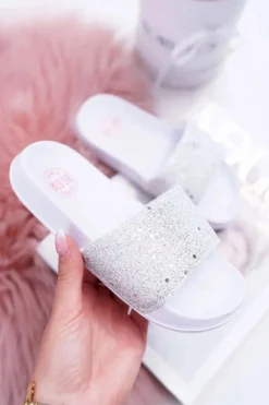 Damskie Big Star Shoes Klapki Dziecięce Młodzieżowe Big Star Białe Brokatowe AA374086