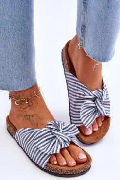 Discount Boto Klapki Na Korkowej Platformie W Paski Biało-Niebieskie Festive