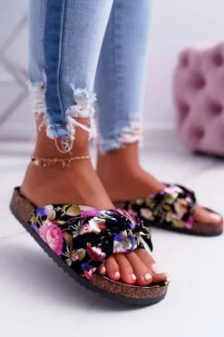 Discount Boto Klapki Na Korkowej Podeszwie Czarne W Kwiaty Wendy