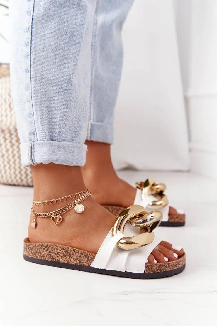 Damskie Boto Klapki Na Korku Z Łańcuchem Białe Last Dance