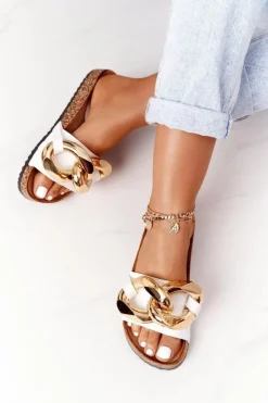 Damskie Boto Klapki Na Korku Z Łańcuchem Białe Last Dance