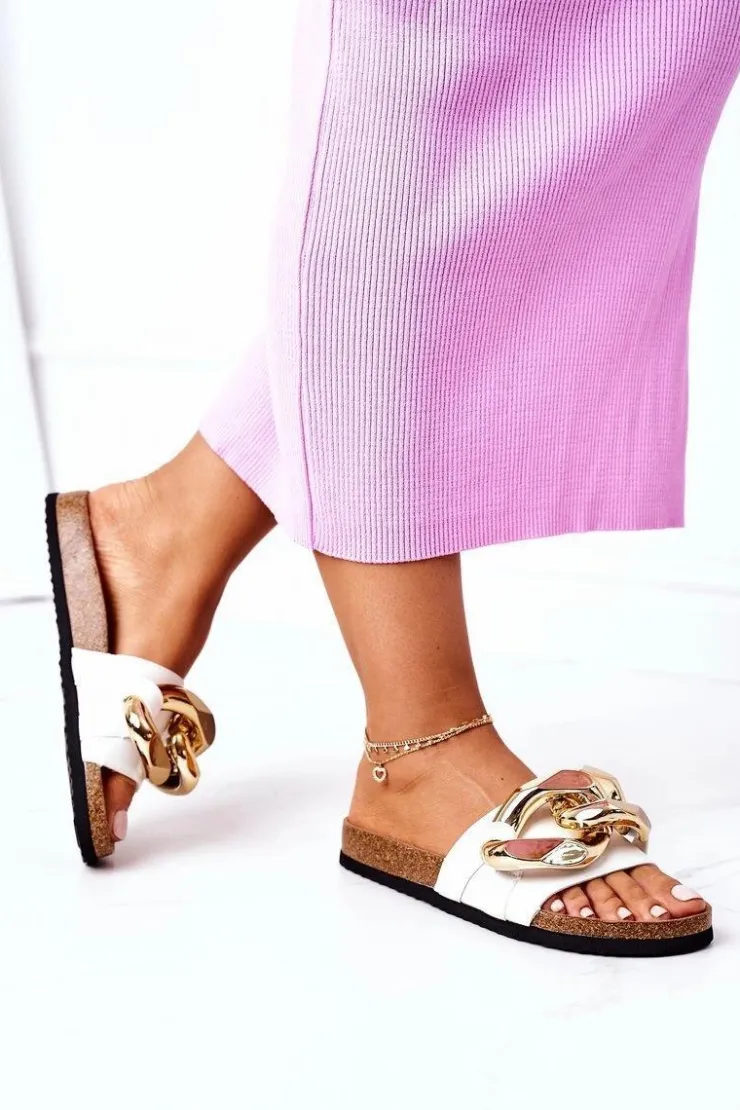 Damskie Damskie buty S.Barski Klapki Na Korku Z Łańcuchem S.Barski SB002 Białe