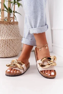 Boto Klapki Korkowe|Klapki Damskie Klasyczne*Klapki Na Korku Z Łańcuchem Beżowe Last Dance Beżowy