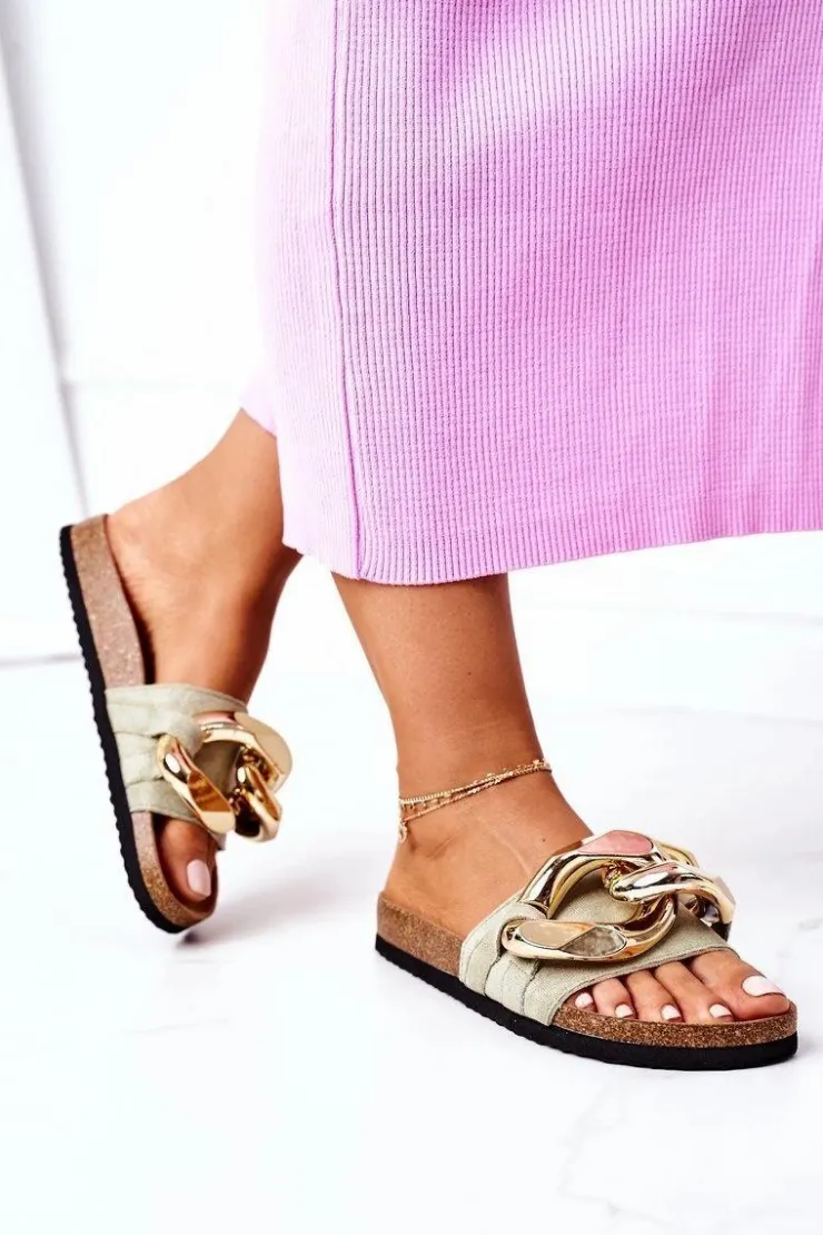 Damskie buty S.Barski Klapki Korkowe|Klapki Damskie Klasyczne*Klapki Na Korku Z Łańcuchem S.Barski SB001 Miętowe Zielony