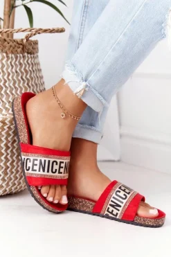 Damskie Evento Klapki Na Korku Z Cyrkoniami Czerwone Be Nice