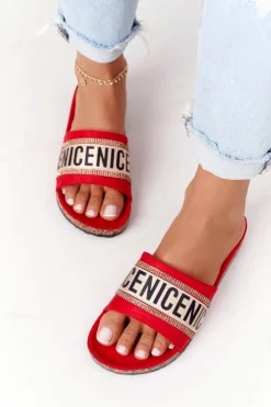 Damskie Evento Klapki Na Korku Z Cyrkoniami Czerwone Be Nice