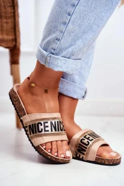 Damskie Evento Klapki Na Korku Z Cyrkoniami Beżowe Be Nice