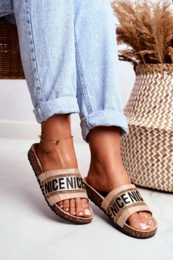 Damskie Evento Klapki Na Korku Z Cyrkoniami Beżowe Be Nice