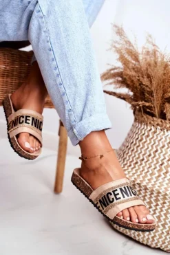 Damskie Evento Klapki Na Korku Z Cyrkoniami Beżowe Be Nice