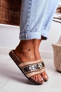 Damskie Evento Klapki Na Korku Z Cyrkoniami Beżowe Be Nice