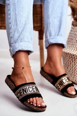 Evento Klapki Korkowe|Klapki Damskie Klasyczne*Klapki Na Korku Z Cyrkoniami Czarno-Złote Be Nice