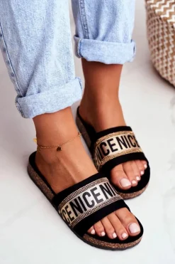 Evento Klapki Korkowe|Klapki Damskie Klasyczne*Klapki Na Korku Z Cyrkoniami Czarno-Złote Be Nice